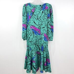 VTG Kathy‎ J Dress Womens 12 Abstract Psychedelic Artsy Retro Midi Flare Party